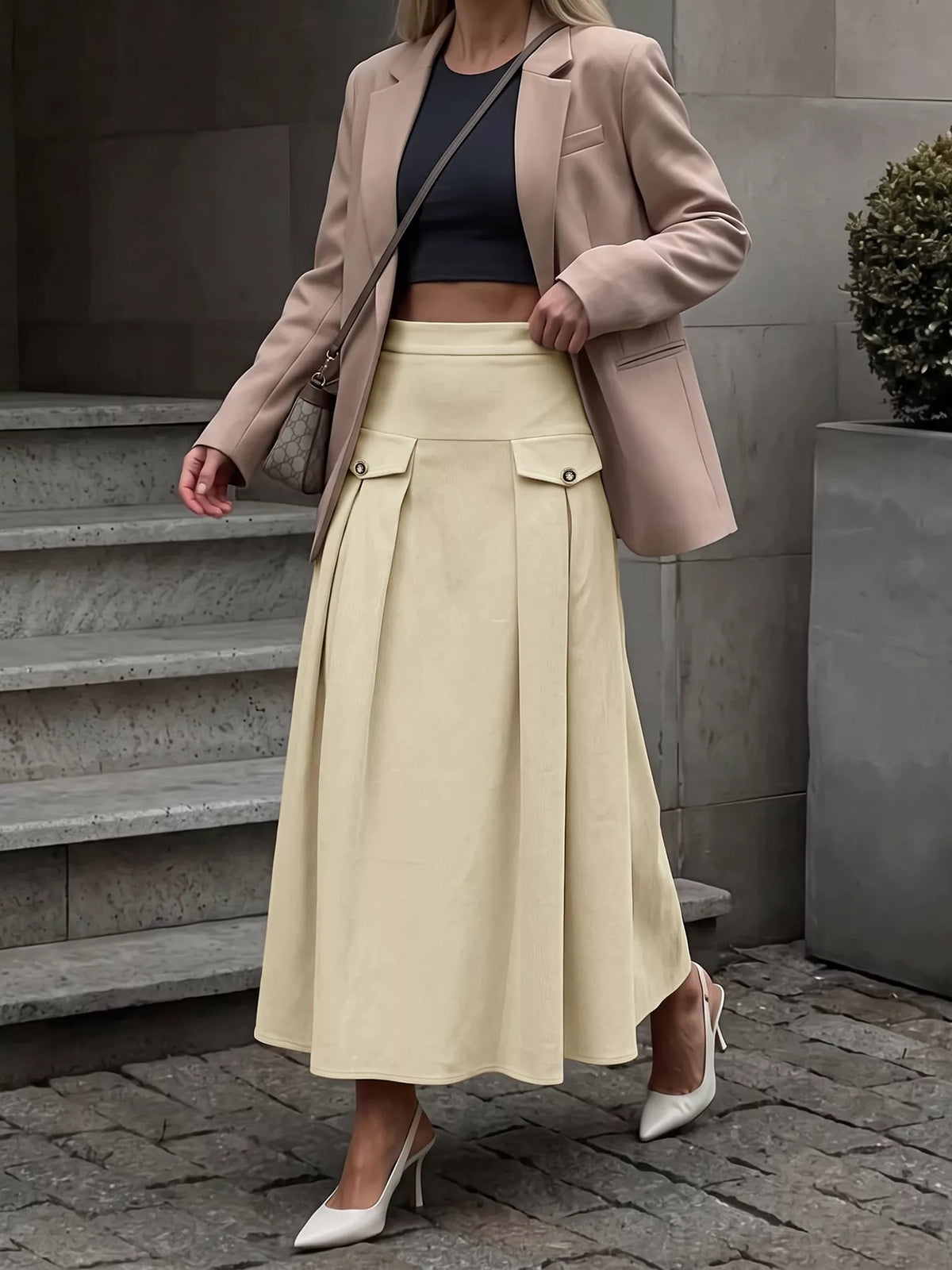 High Waist Pleated Midi Skirt - Khaki - View 3