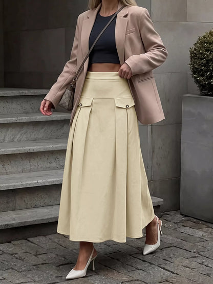 High Waist Pleated Midi Skirt - Khaki - View 3