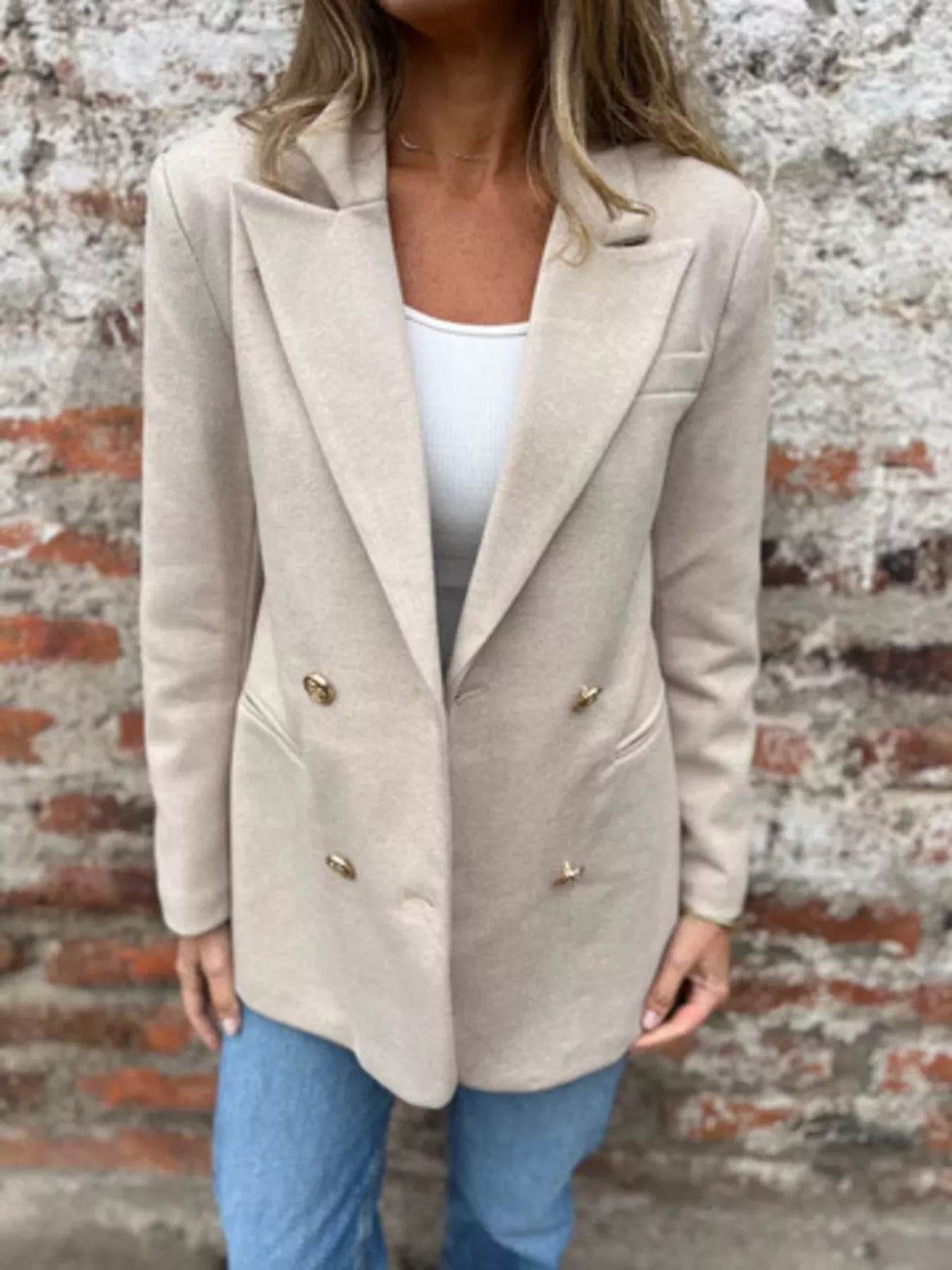 Full Size Double Breasted Long Sleeve Blazer Plus Size - Apricot - View 1