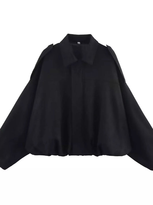 Elastic Hem Batwing Sleeve Jacket - Black - View 1