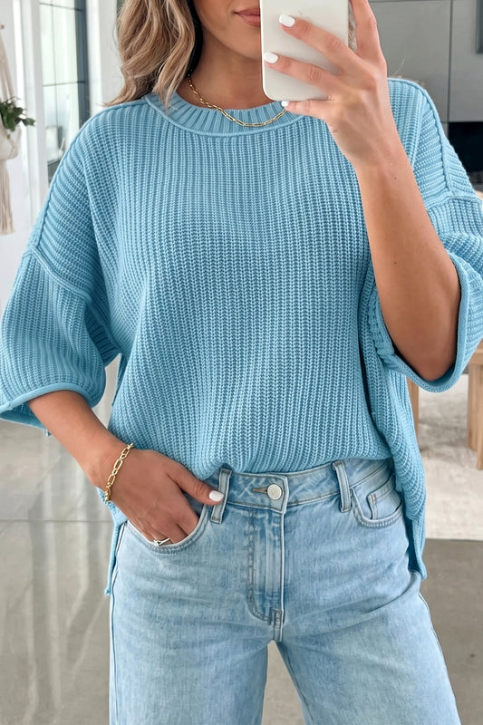 Mist Blue Exposed Seam Detail Half Sleeve Loose Sweater - Mist Blue - 2