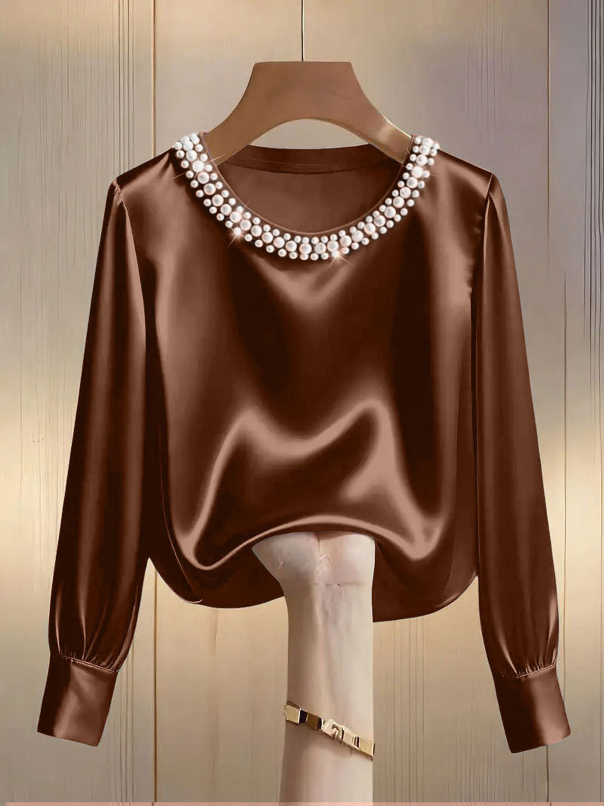 Pearl Trim Round Neck Satin Blouse - Brown - View 15