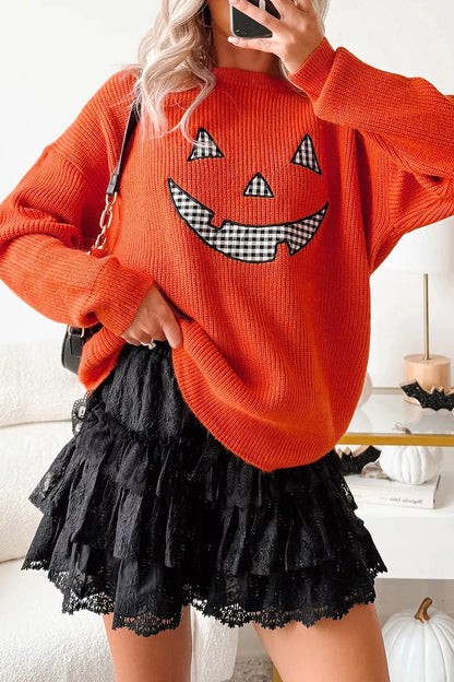 Drop Shoulder Long Sleeve Round Neck Halloween Sweater - Orange - View 4