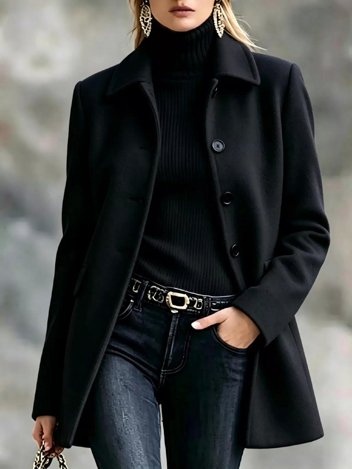 Button Up Collared Neck Coat - Black - View 7
