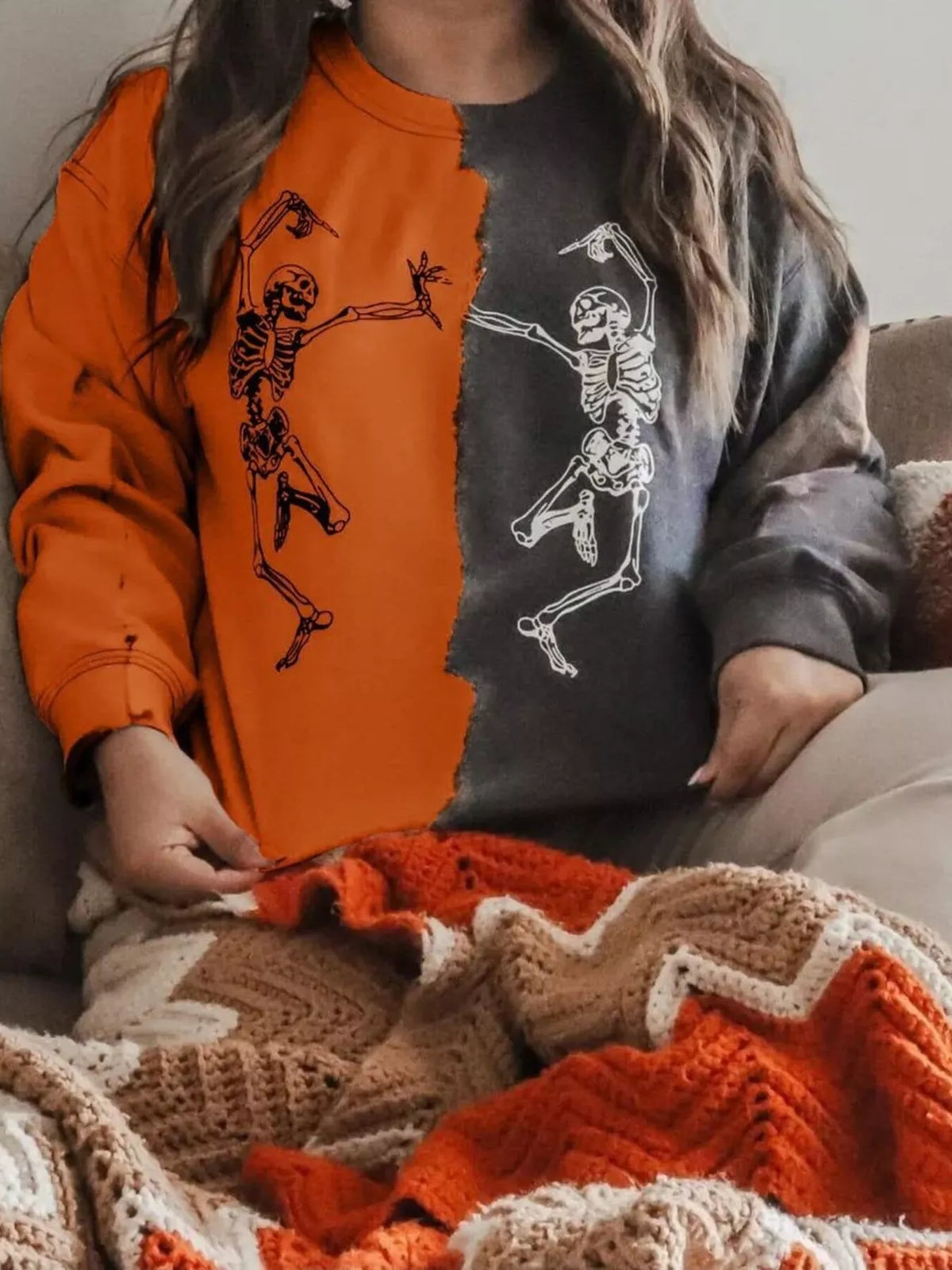 Halloween Skeleton Print Color Block Sweatshirt - Orange - View 1