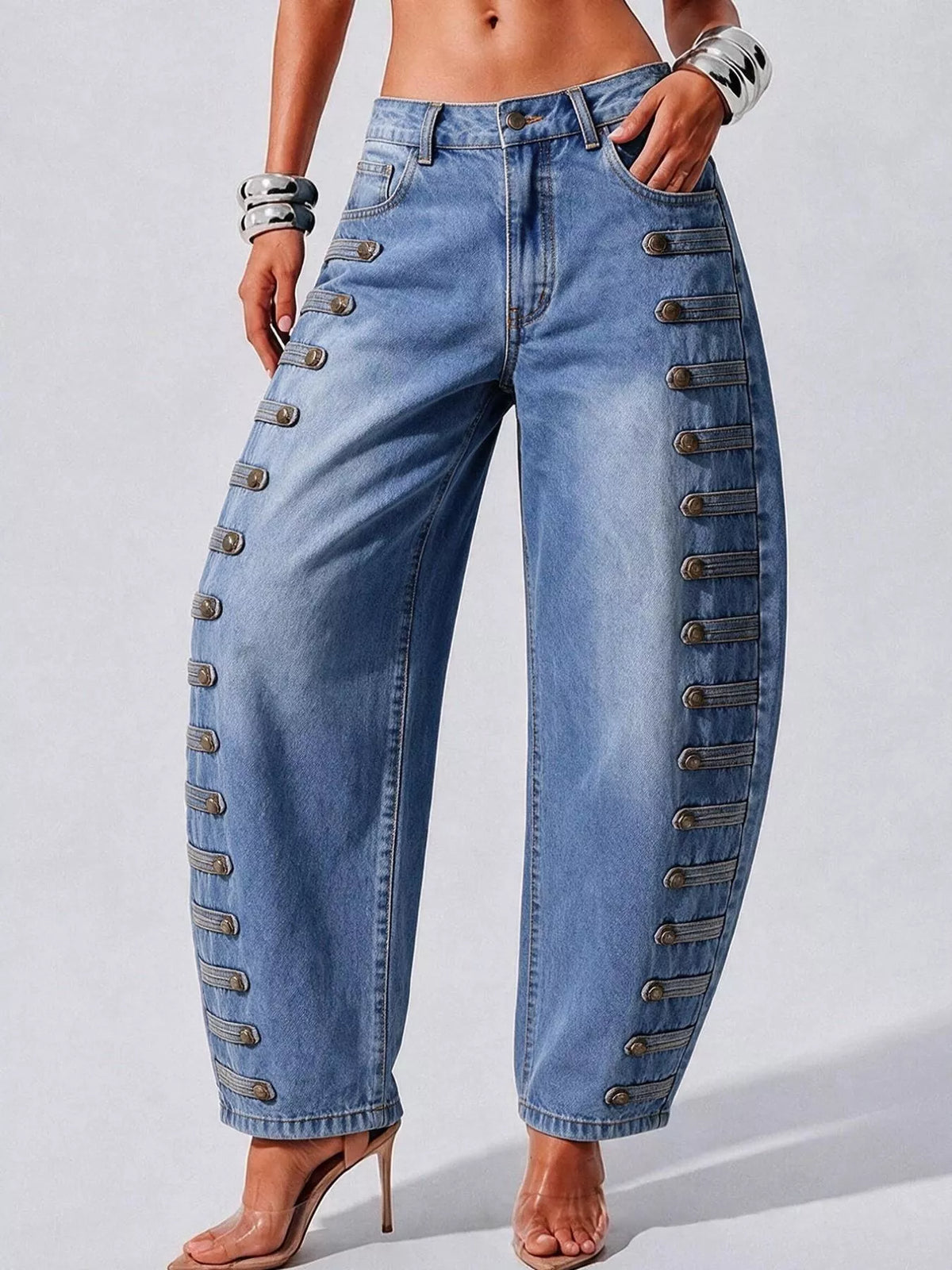 Decorative Button Wide Leg Jeans - Blue - View 23
