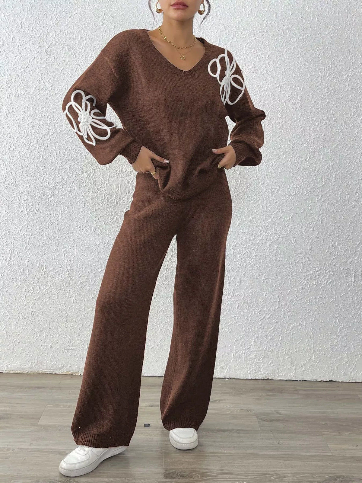 V-Neck Dropped Shoulder Top and Pants Sweater Set - Brown - View 2