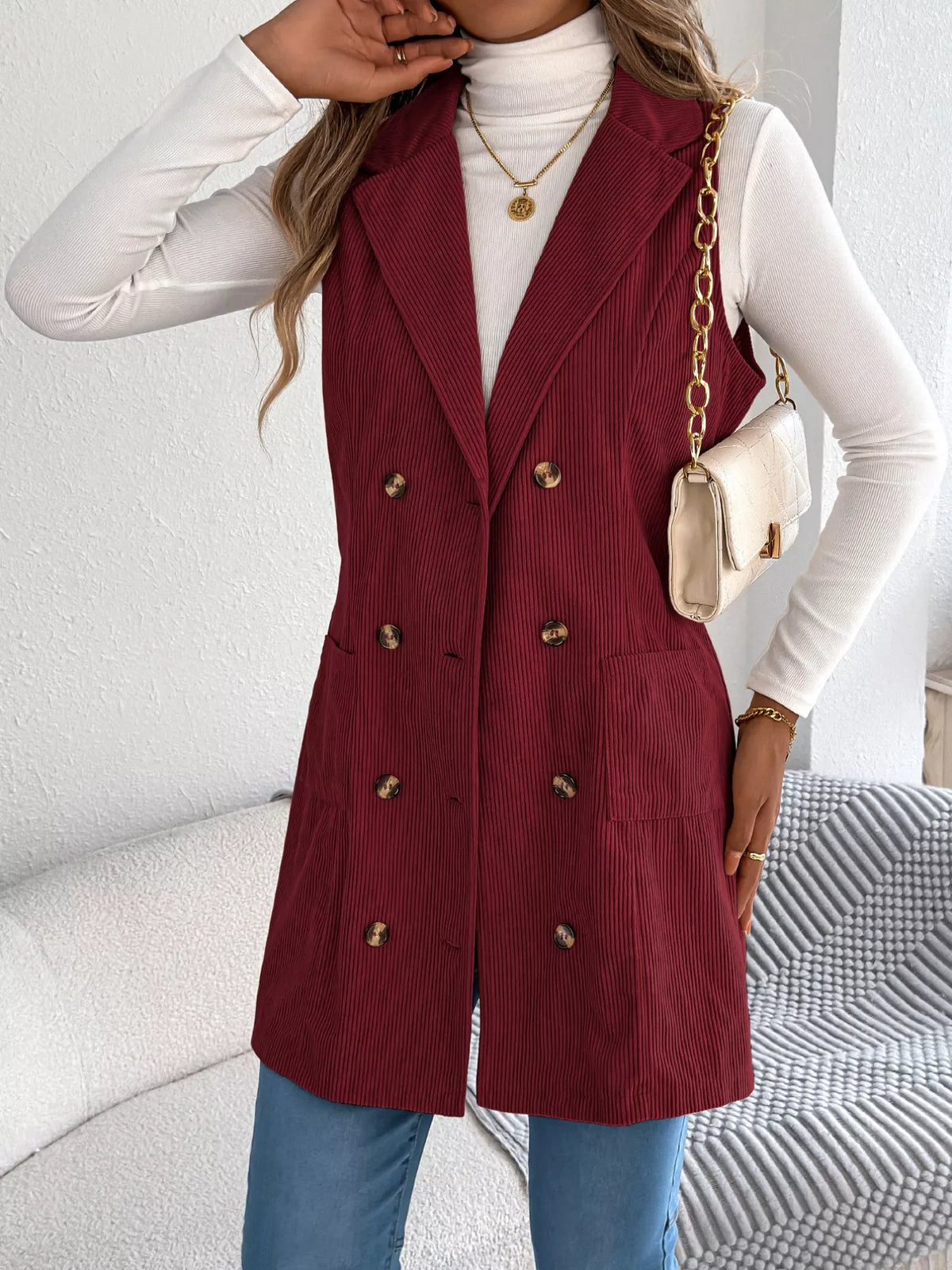 Double-Breasted Long Vest Coat - Burgundy - View 6