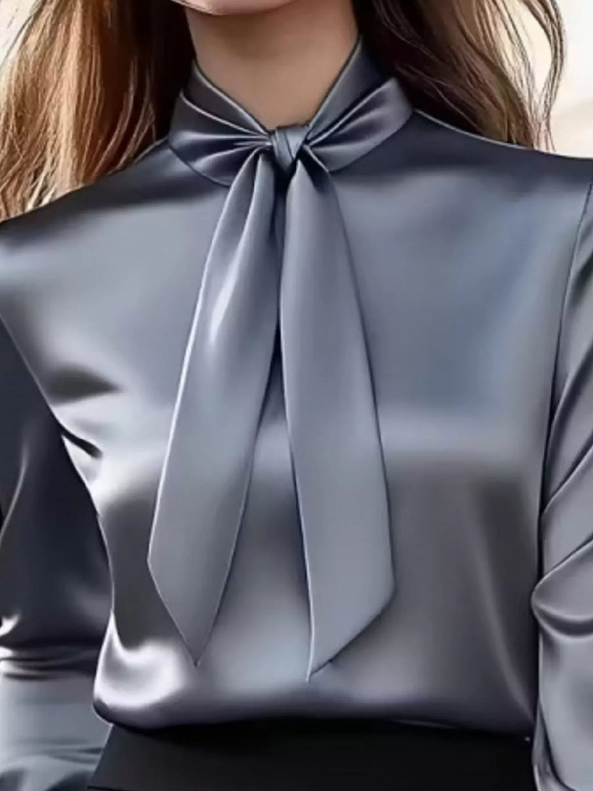 Satin Bow Tie Long Sleeve Blouse - Gray - View 3