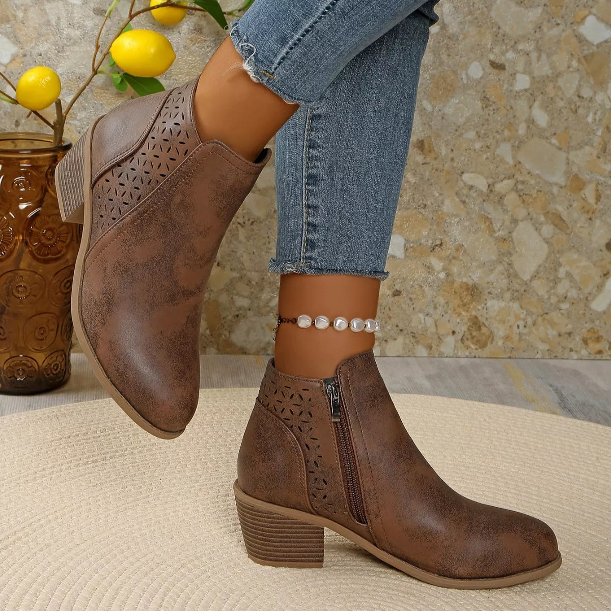 Point Toe Block Heels Boots - Brown - View 10