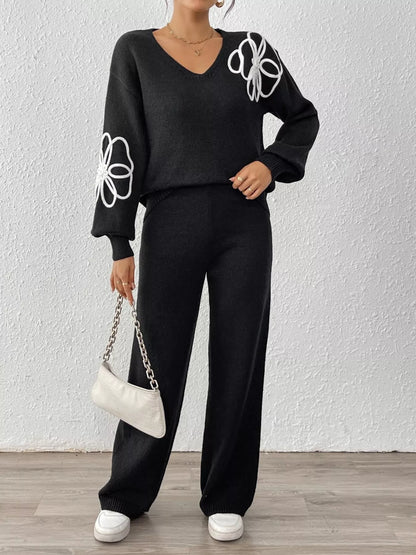 V-Neck Dropped Shoulder Top and Pants Sweater Set - Black - View 4