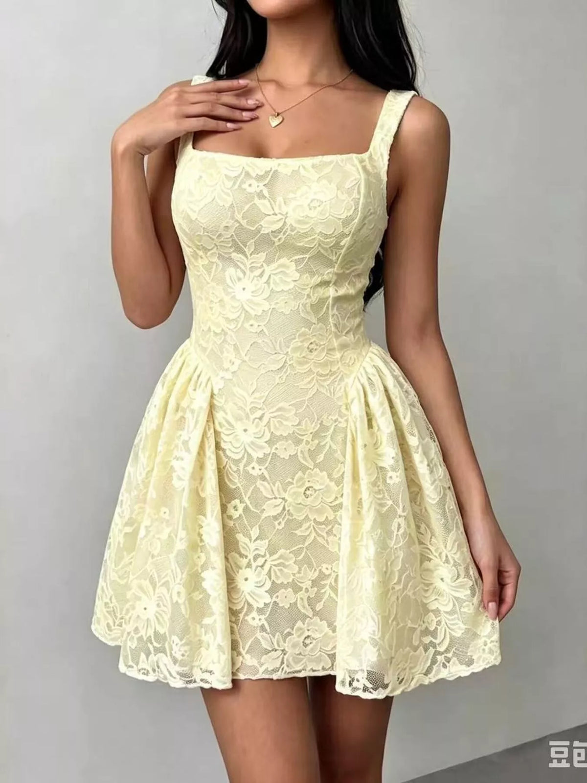 Floral Lace Square Neck Mini Dress - Yellow - View 1