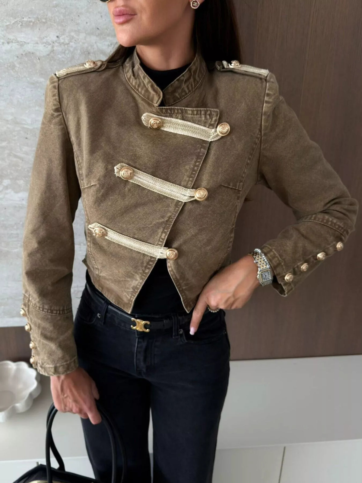 Button Detail Cropped Denim Jacket - Khaki - View 2