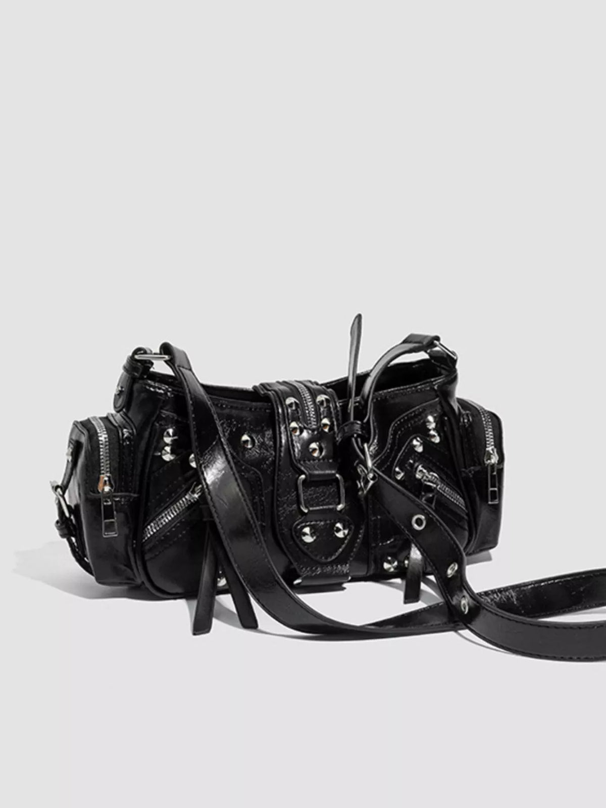 Rivet Embellished Shoulder Bag - Black - View 7