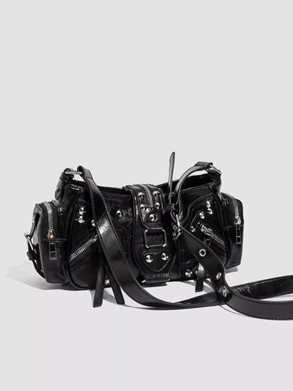 Rivet Embellished Shoulder Bag - Black - View 7