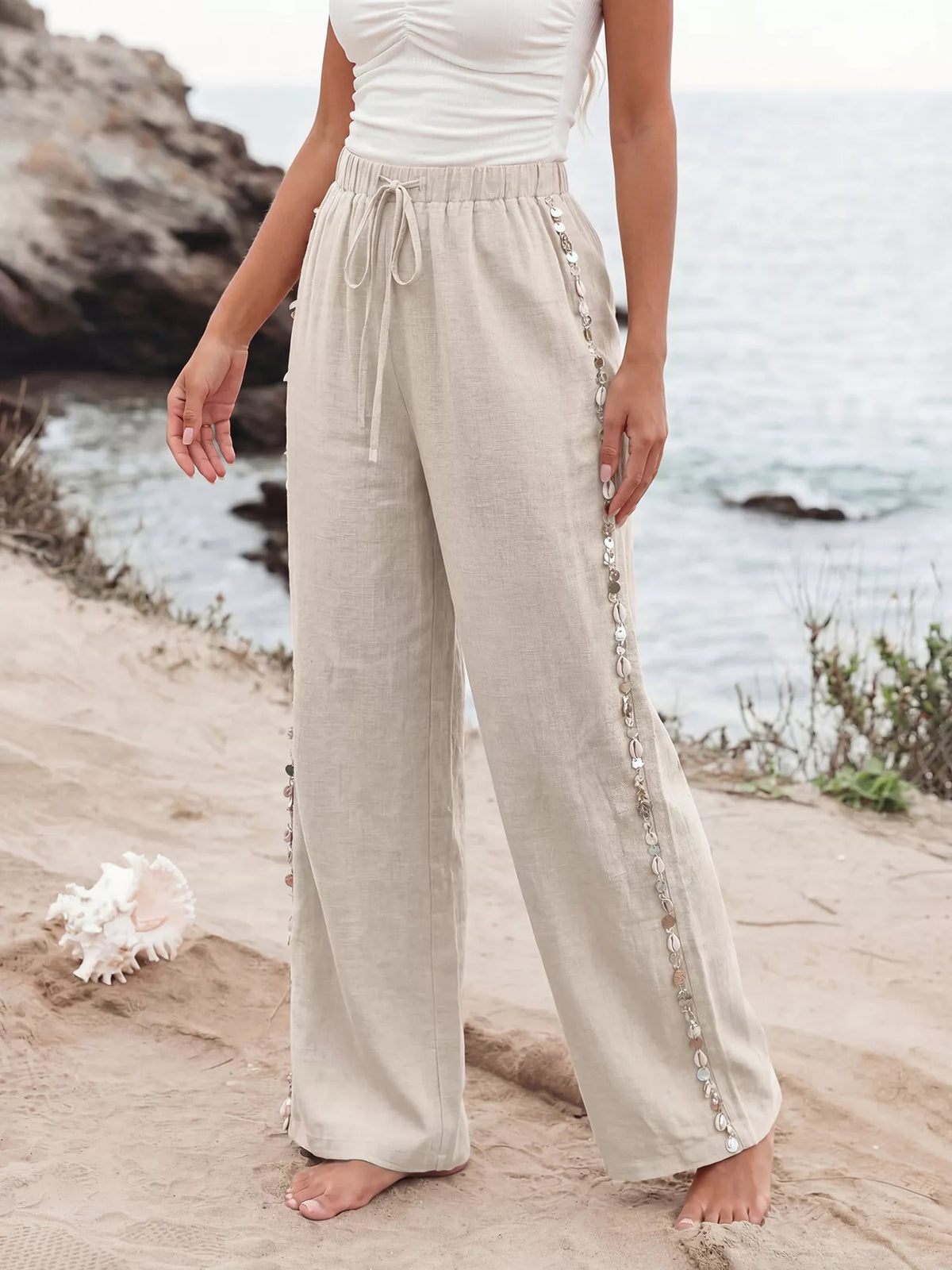 Drawstring Wide Leg Pants - Khaki - View 5