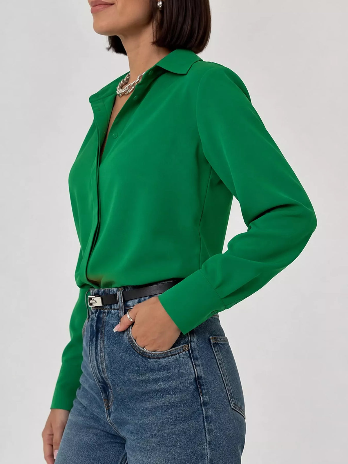 Button Up Long-Sleeve Shirt - Green - View 14