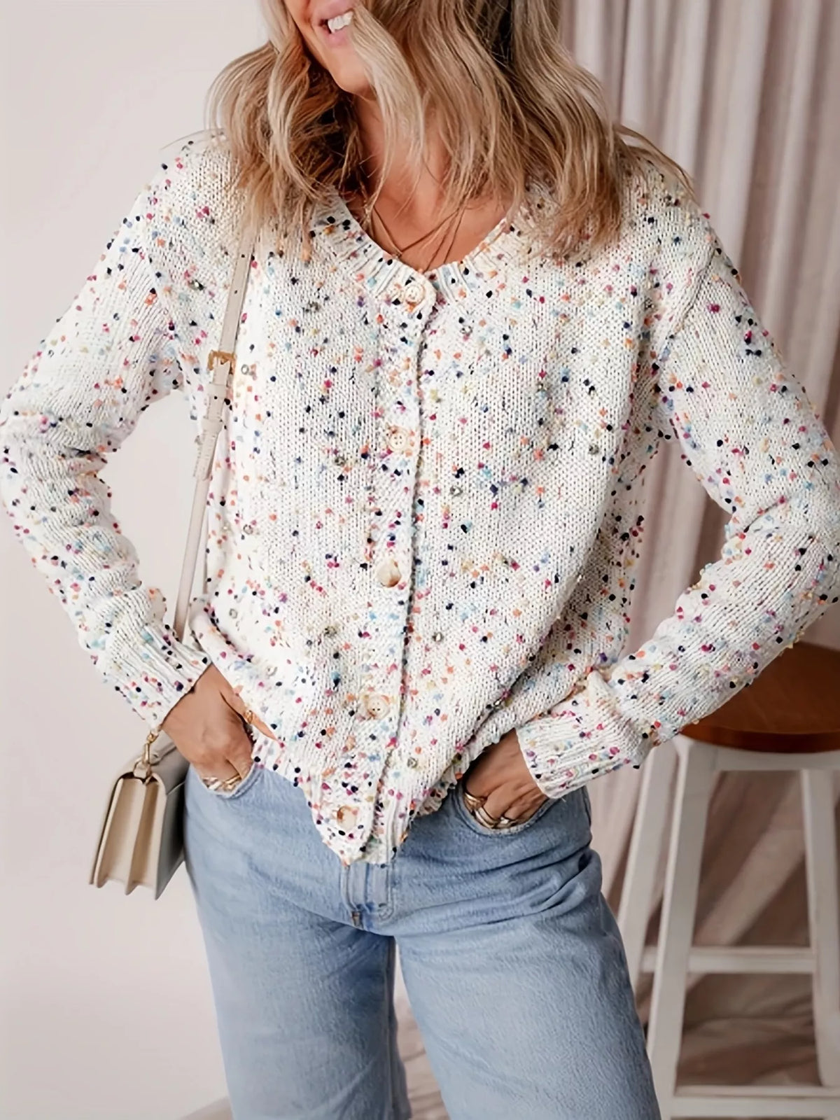 Textured Knit Button-Up Cardigan - White - View 3