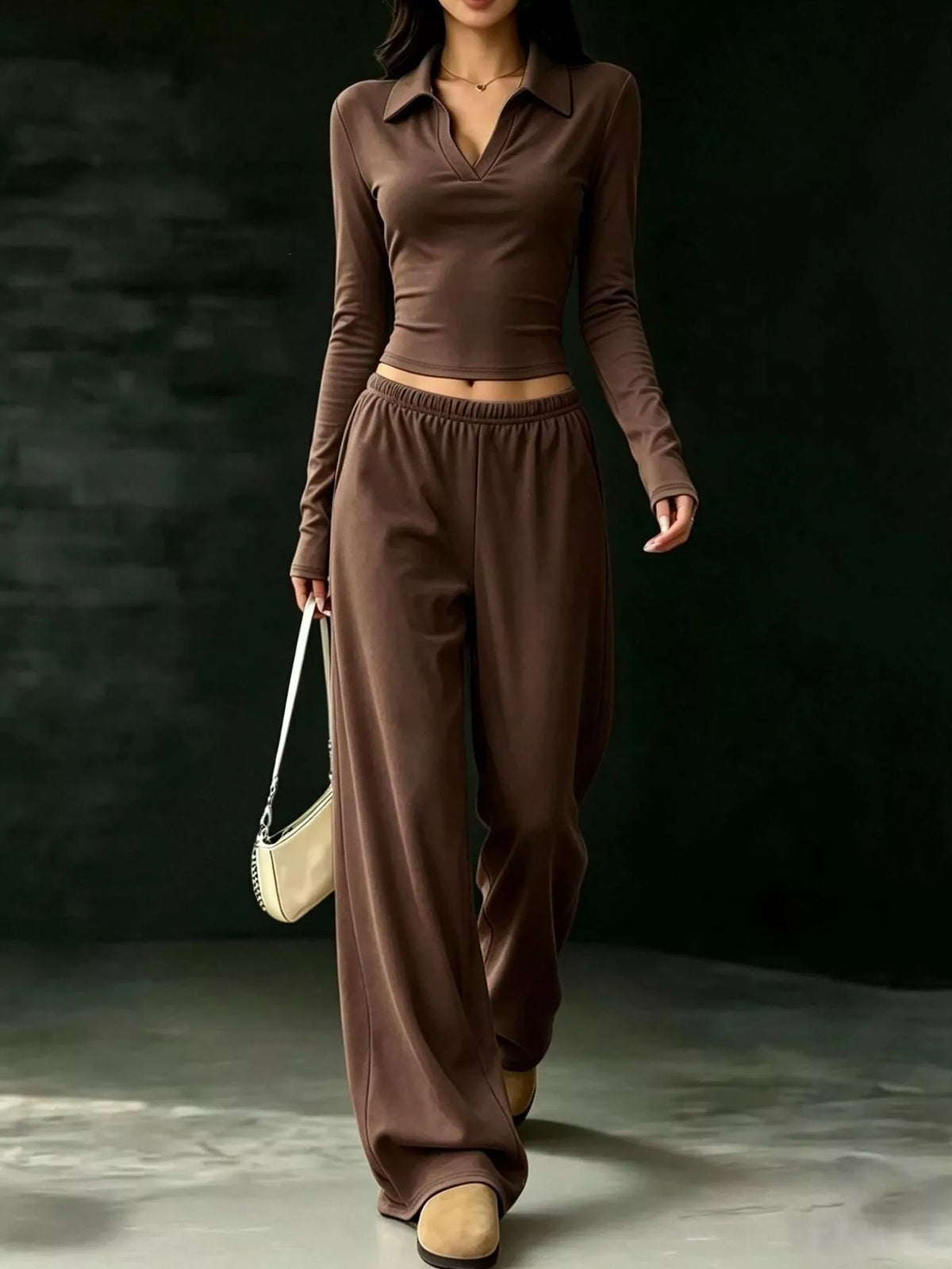 Solid Color Long Sleeve Polo Collar Top and Wide Leg Pants Set - Dark Brown - View 1