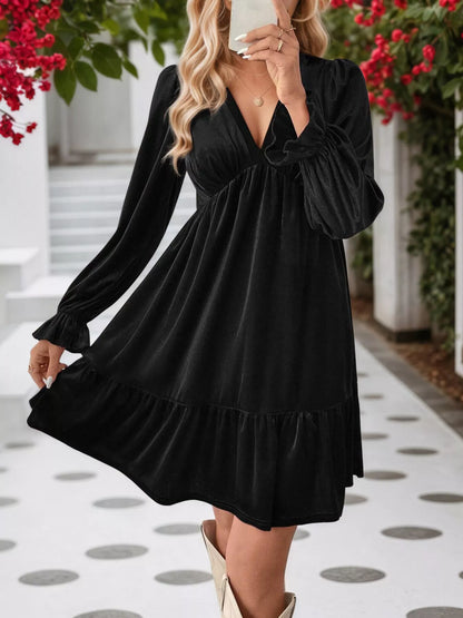 Velvet V-Neck Long Sleeve Ruffle Hem Mini Dress - Black - View 3
