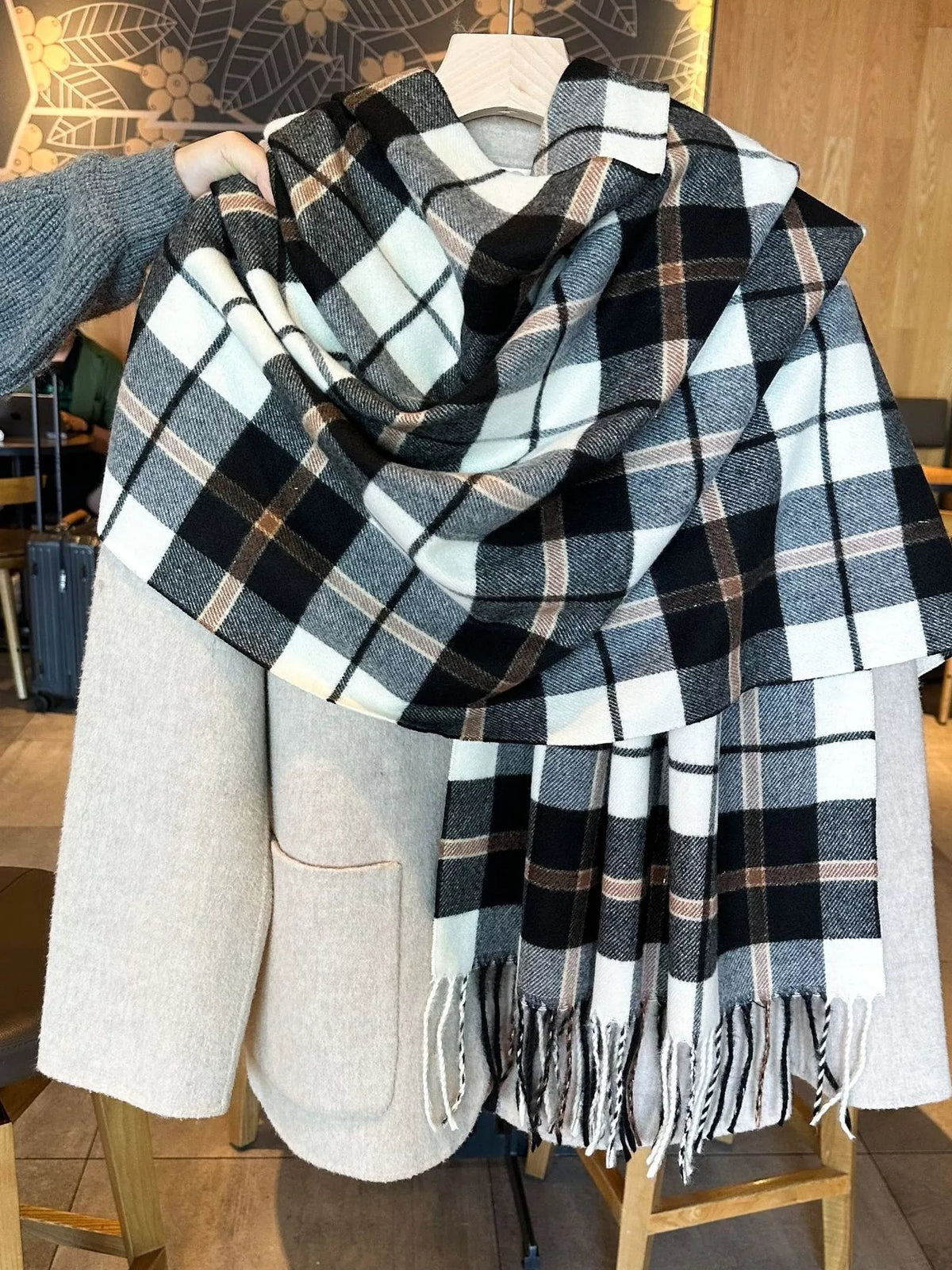 Classic Plaid Fringe Scarf - Black - View 8