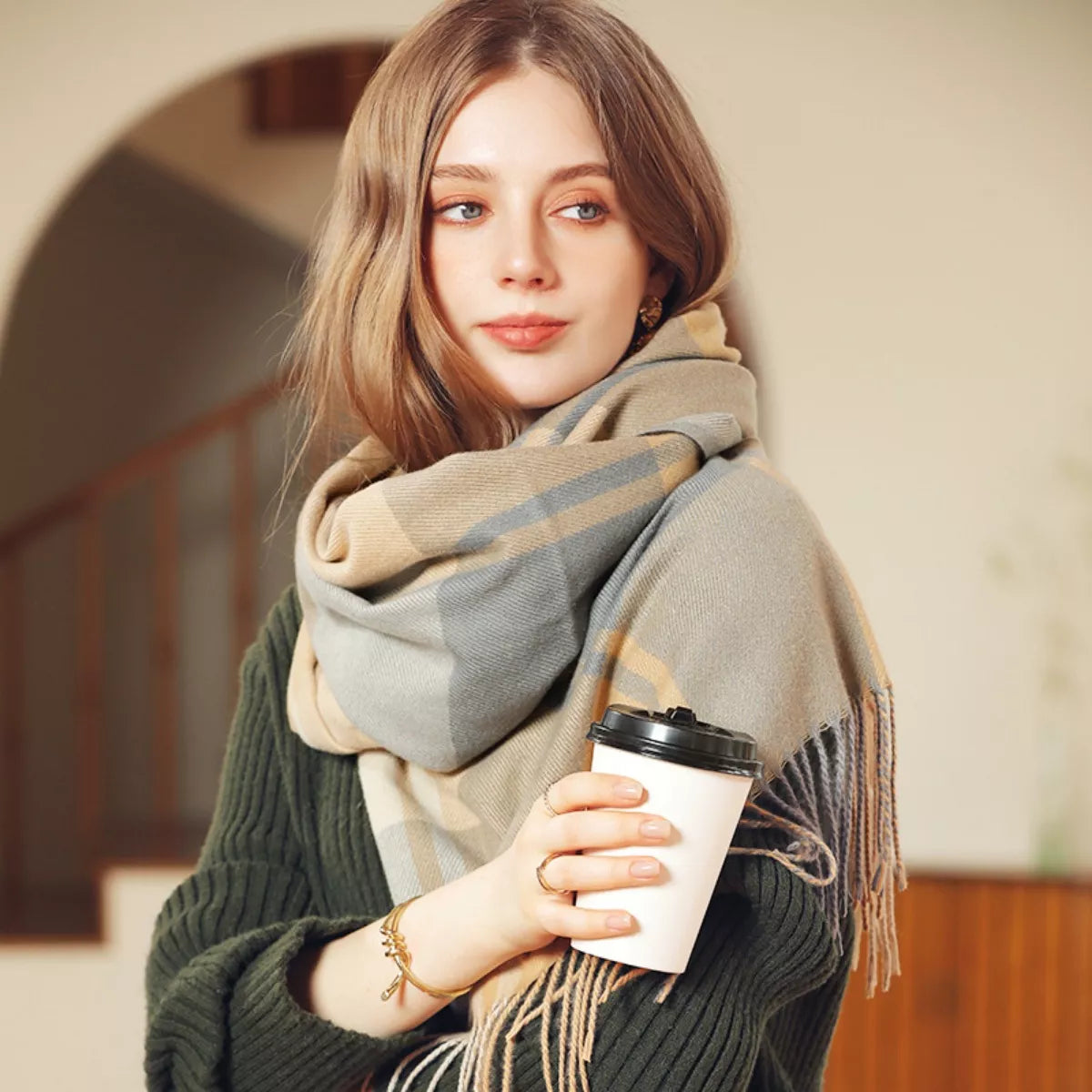 Plaid Fringe Scarf - Gray Yellow - View 8