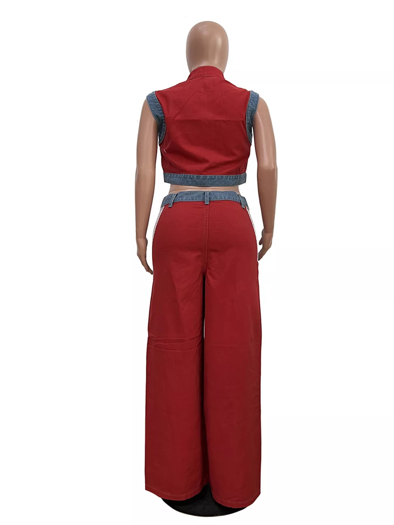 Zip Front Crop Top and Striped Pants Set - Red - Rear Mannequin View