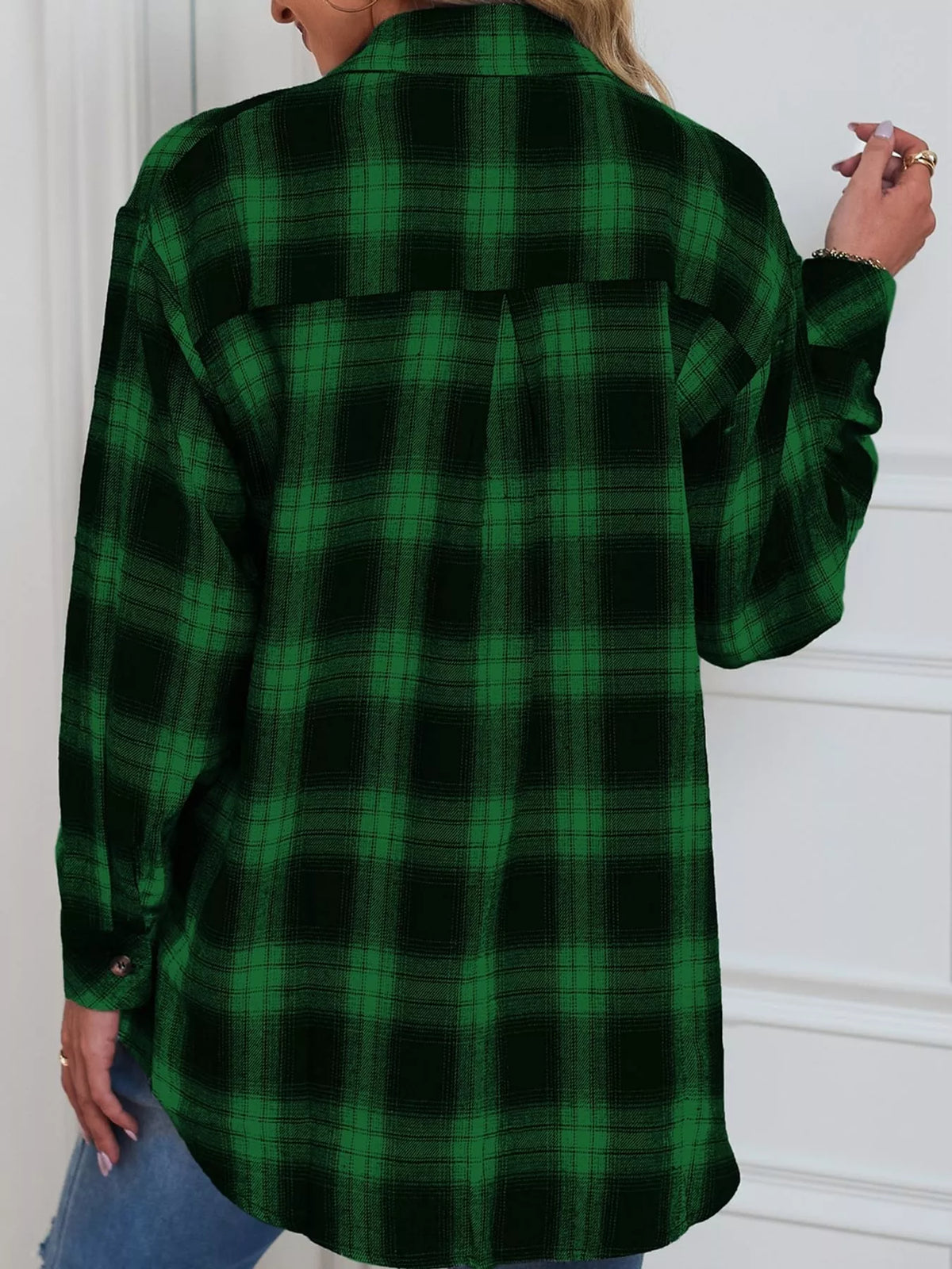 Plaid Button-Down Oversized Shirt - Green - View 17