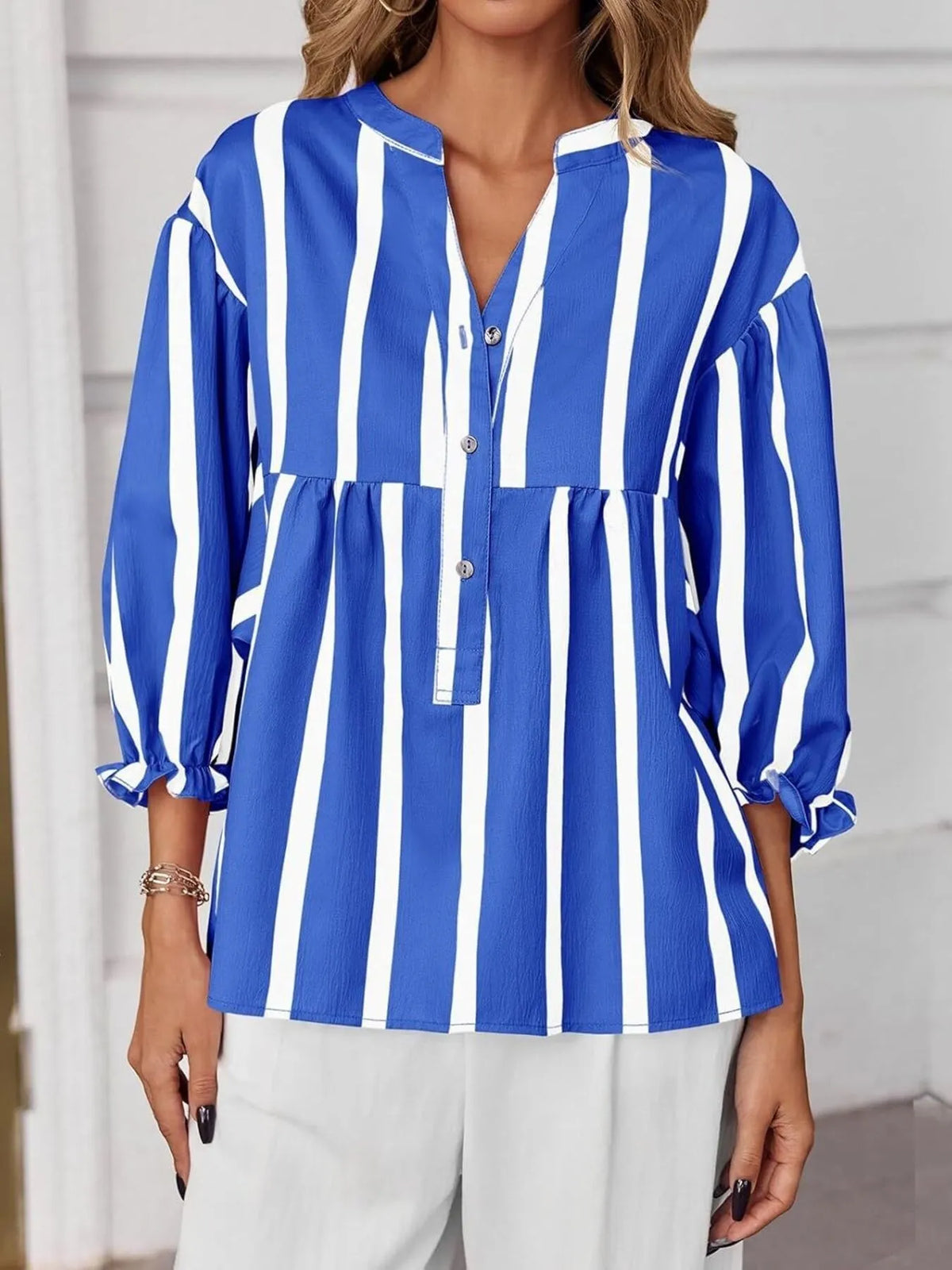 Striped Button Front Notched Blouse - Blue - View 8
