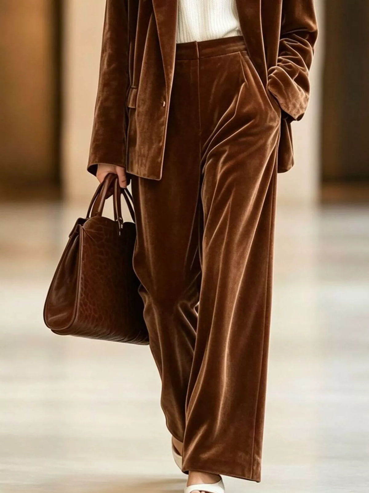 Velvet Blazer and Wide-Leg Pants Two-Piece Set - Dark Brown - View 3