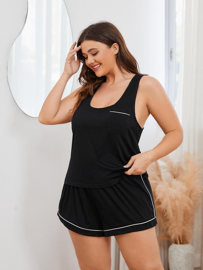 Plus Size Contrast Piping Racerback Tank and Shorts Lounge Set - Black - View 10