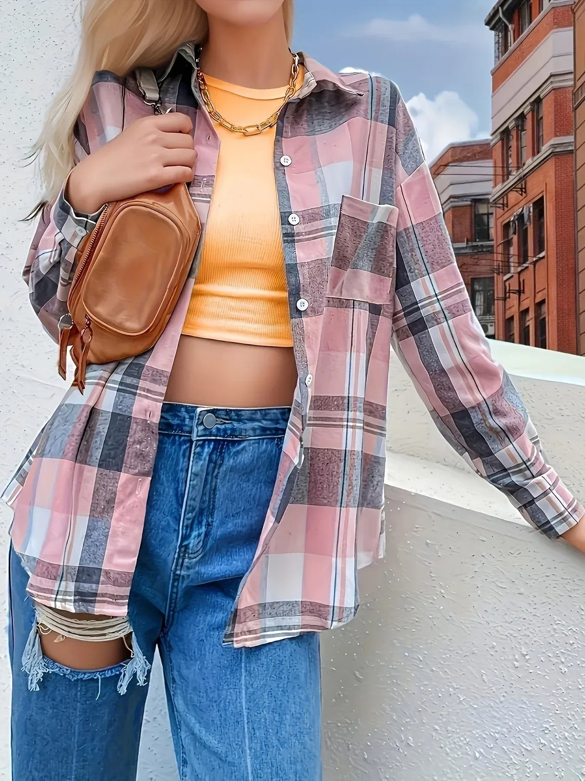Plaid Button Up Long Sleeve Shirt - Pink - View 2