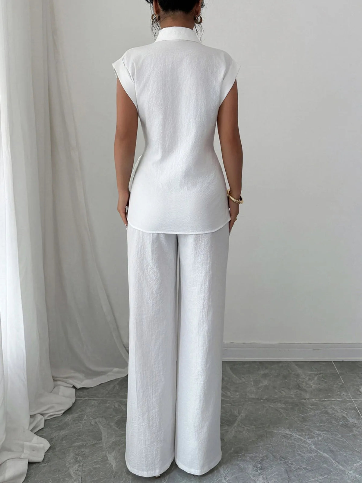 Collared Neck Cap Sleeve Top and Pants Set - Off-white - View 3