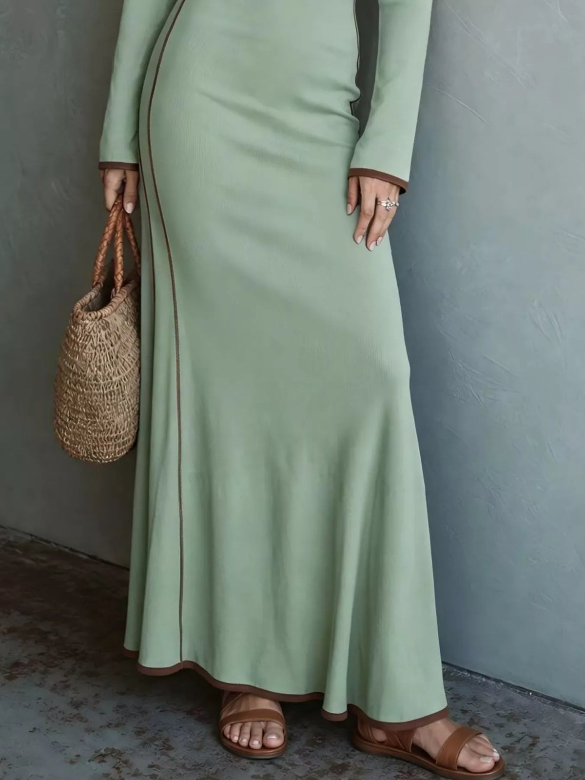 Full Size Contrast Trim Zip-Up Long Sleeve Knit Maxi Dress Plus Size - Light Green - View 3