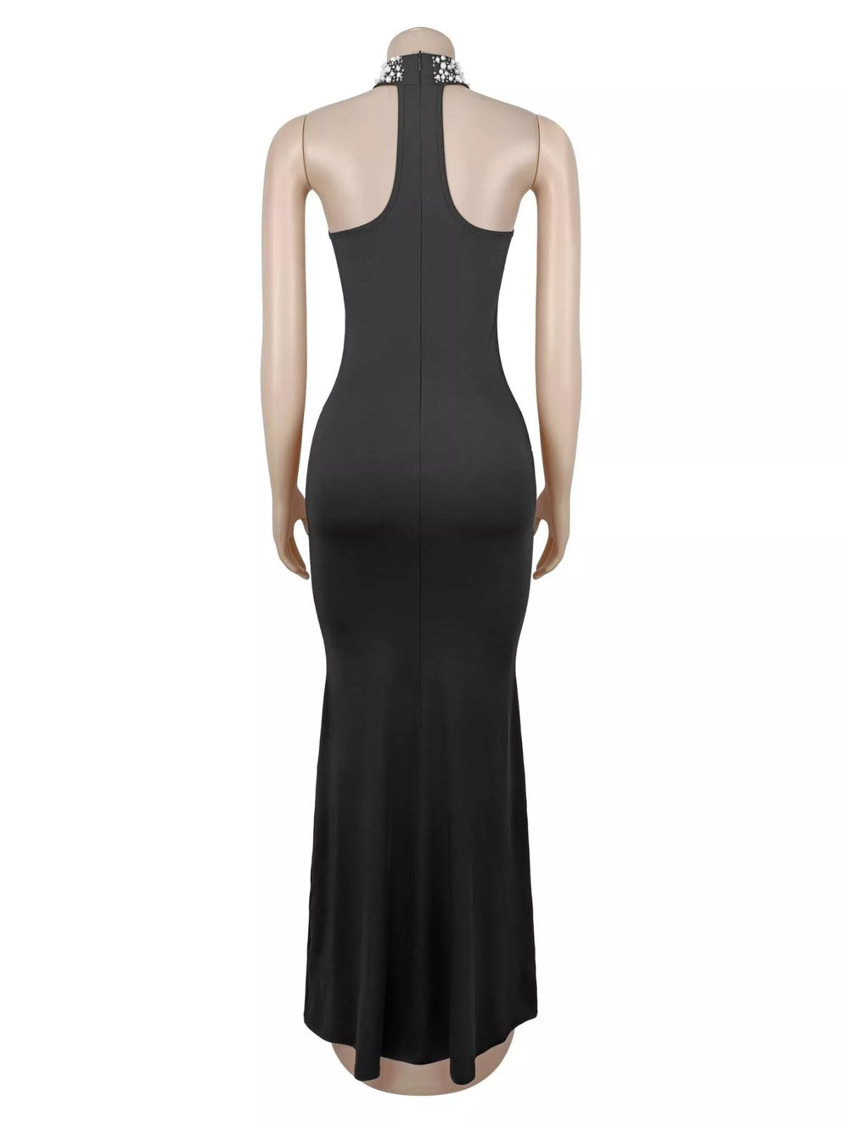 Pearl Detail Rhinestone Sleeveless Maxi Dress - Black - View 11
