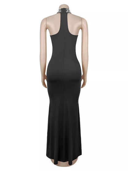 Pearl Detail Rhinestone Sleeveless Maxi Dress - Black - View 11