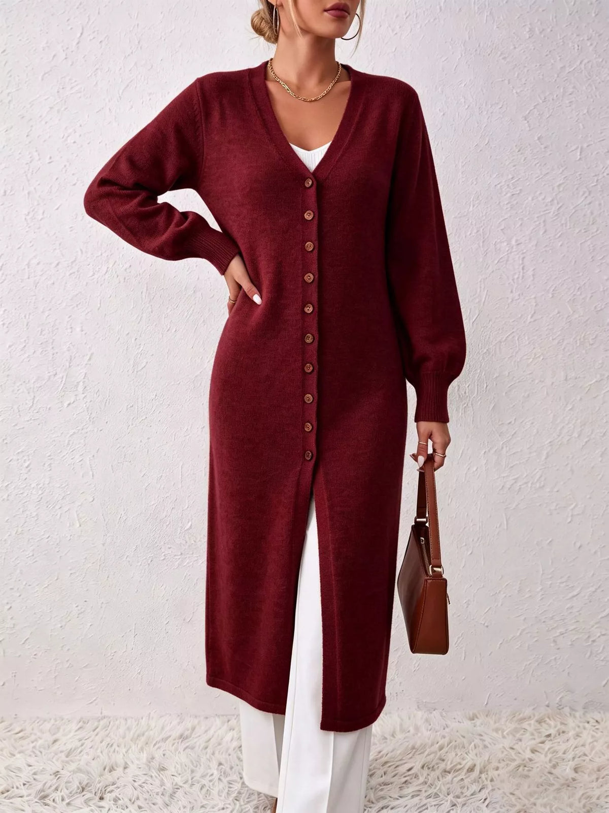Button Front Long Sleeve Sweater Dress - Wine Red - View 1