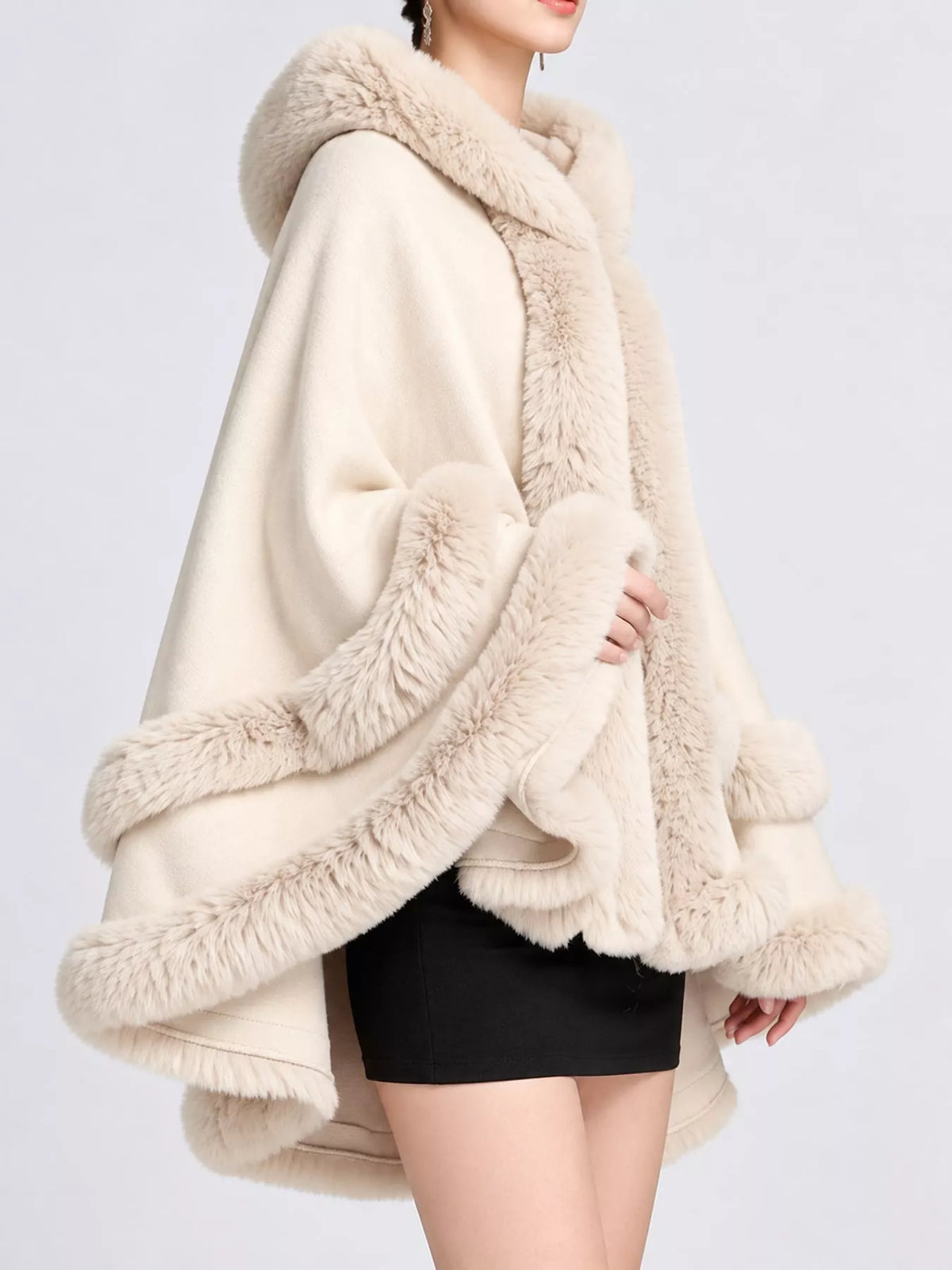 Faux Fur Trimmed Hooded Cape - Beige - View 25