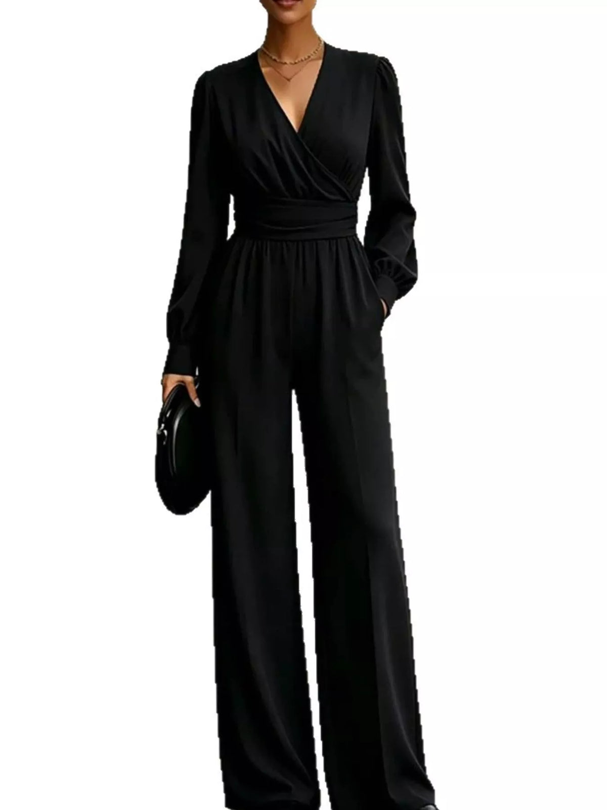 Surplice Long Sleeve Wide-Leg Jumpsuit - Black - View 1