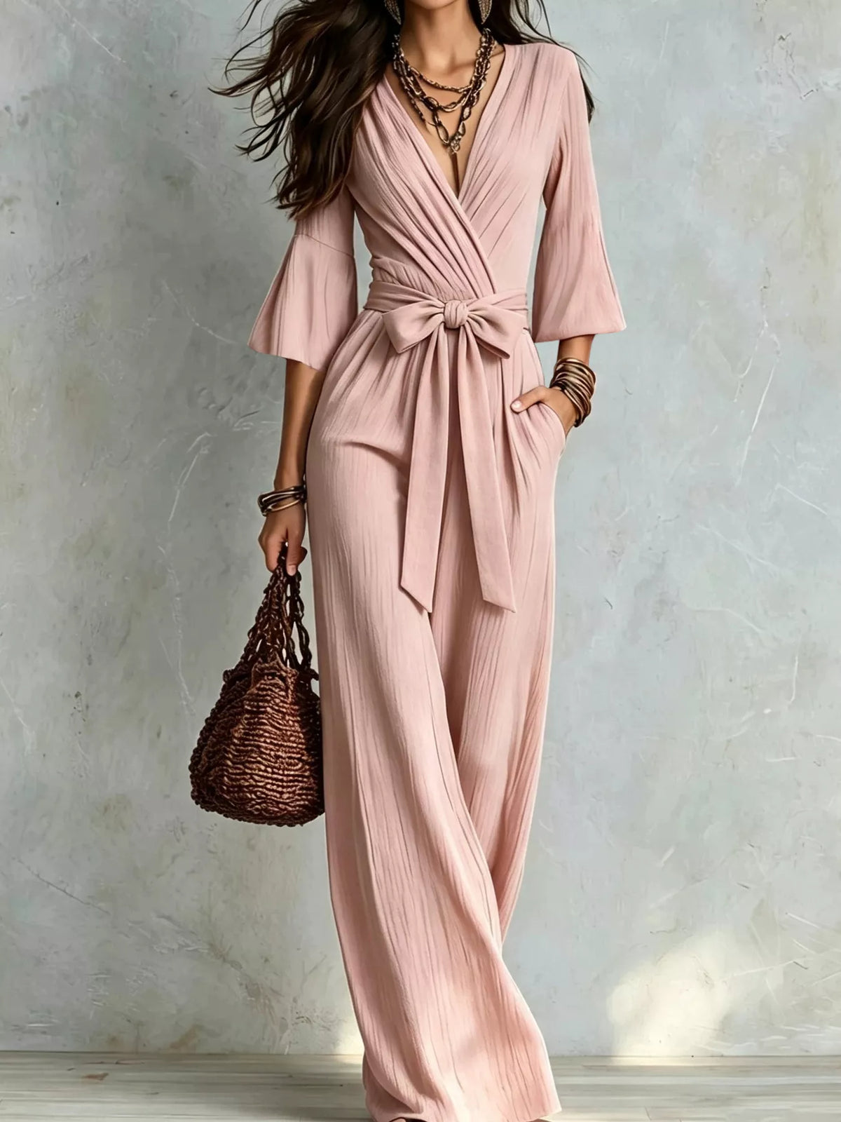 Pleated Wide-Leg Jumpsuit with Tie-Waist - Pink - View 5