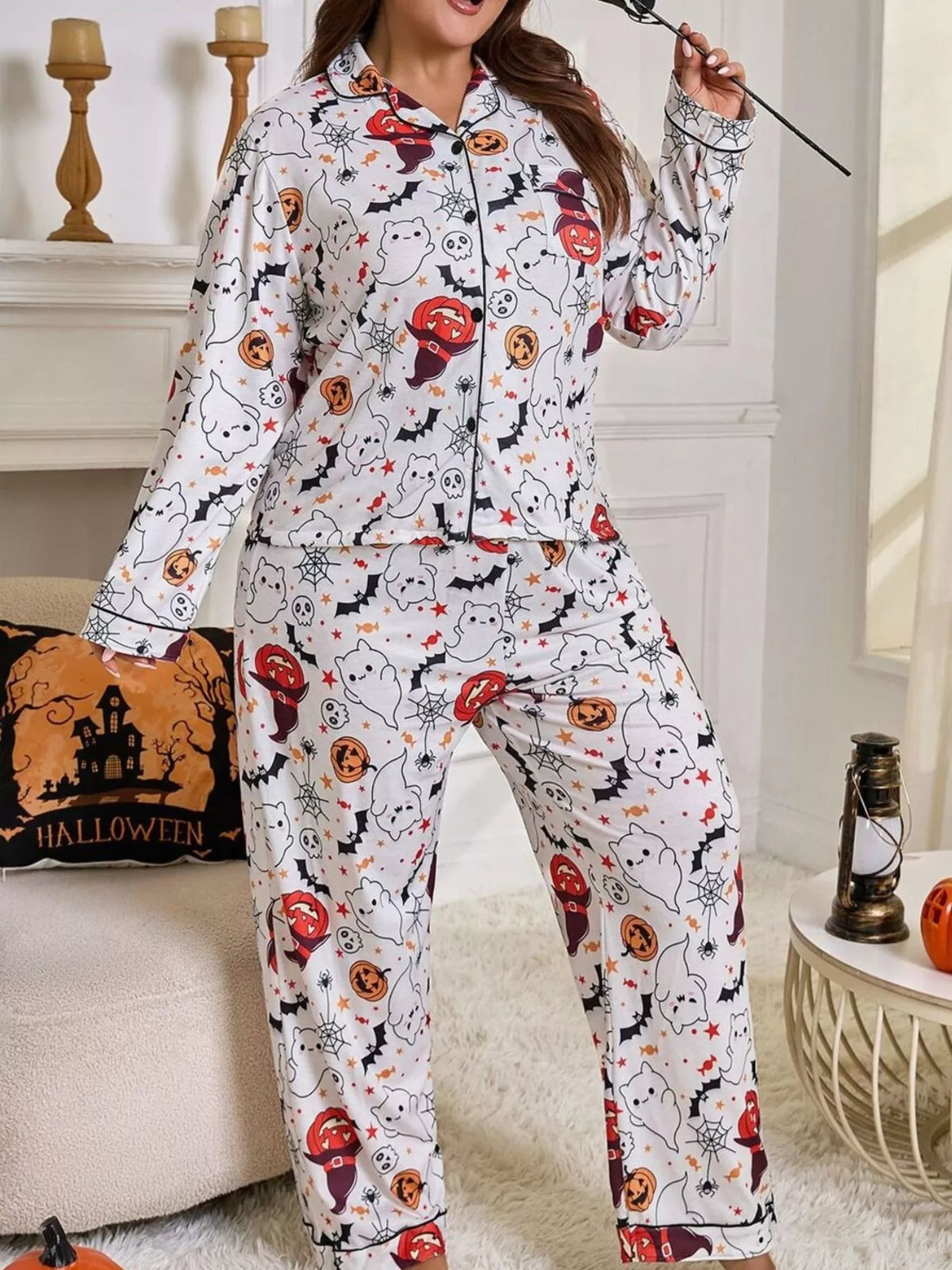 Plus Size Halloween Ghost and Pumpkin Print Top and Pants Lounge Set - White - View 1