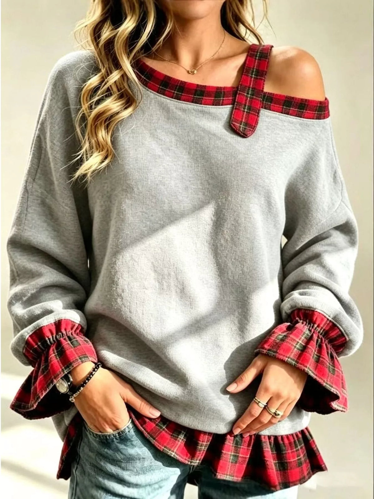 Full Size Cold-Shoulder Plaid Patchwork Long Sleeve Top Plus Size - Gray - View 1