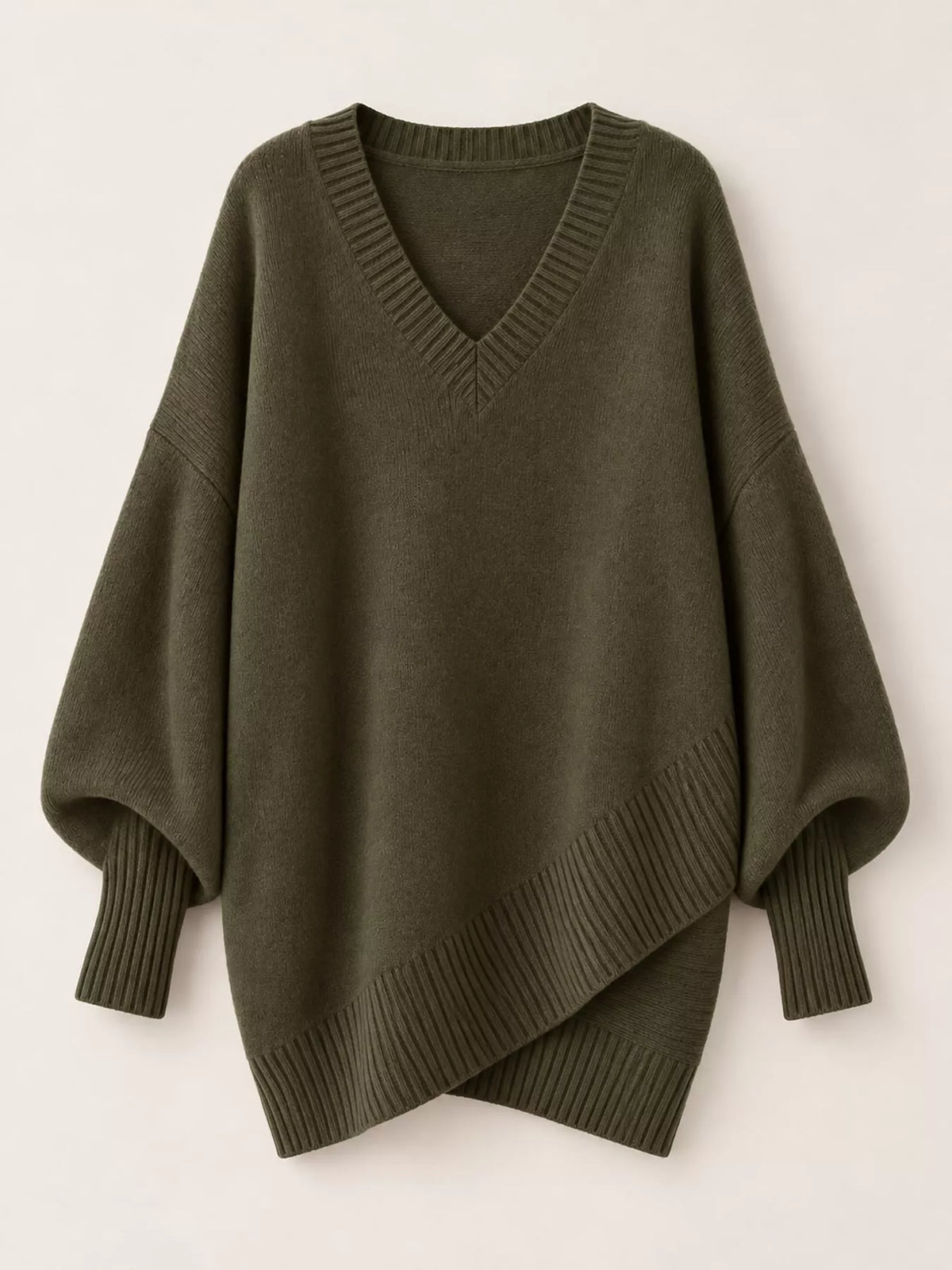 Full Size V-Neck Oversized Batwing Sleeve Sweater Plus Size - Dark Green - View 23