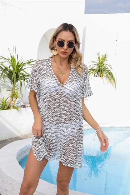 Angel Wings Openwork V-Neck Short Sleeve Cover Up - White - View 1