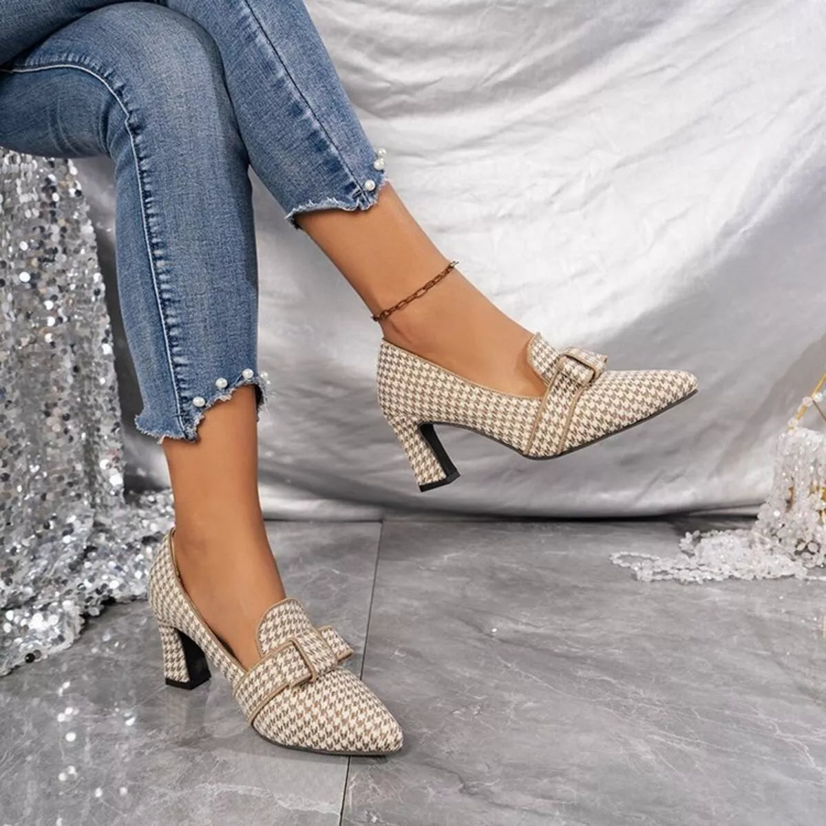 Point Toe Block Heels Pumps - Khaki Color - View 5