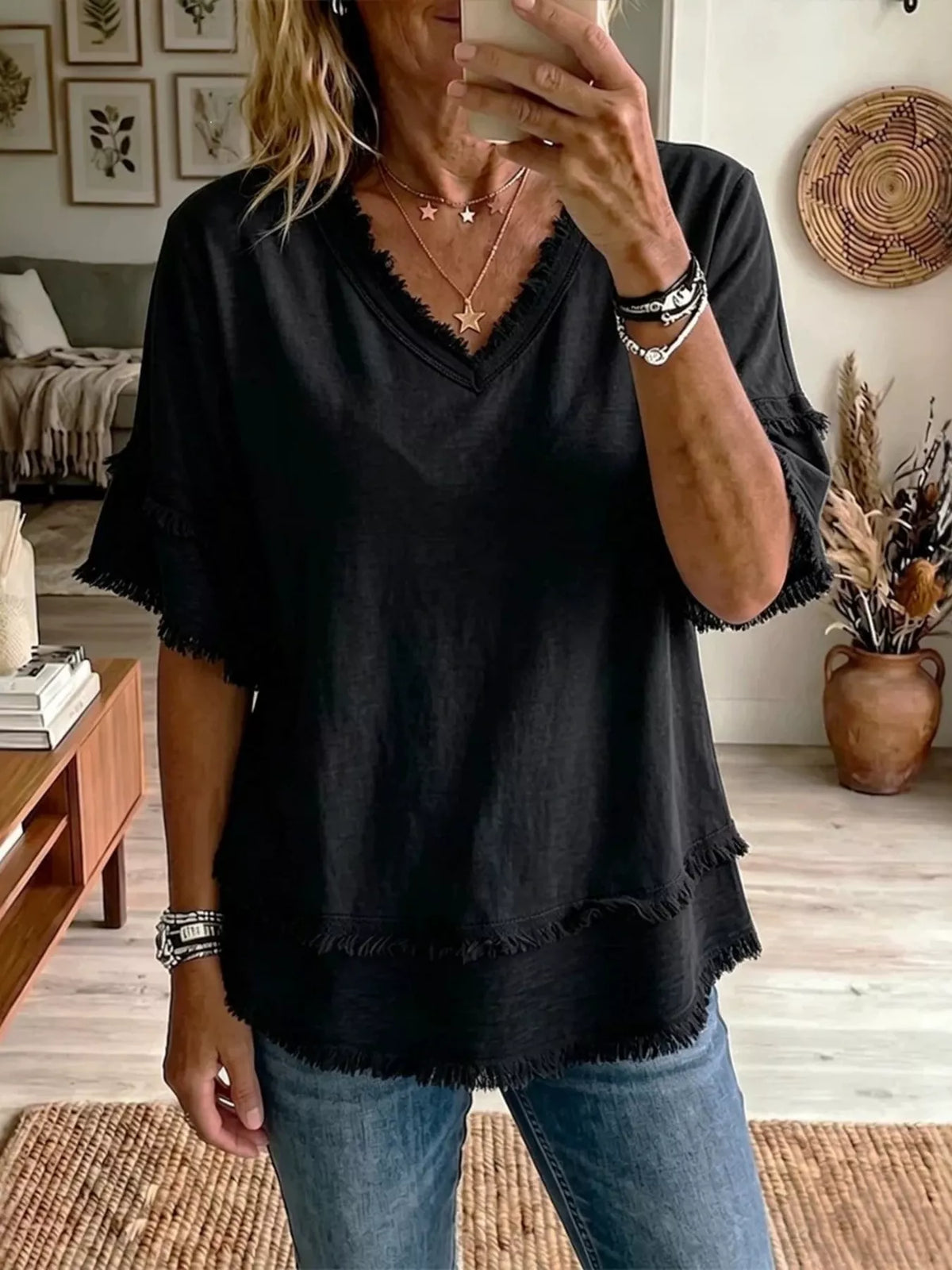 Full Size Frayed Edge V-Neck Blouse Plus Size - Black - View 1