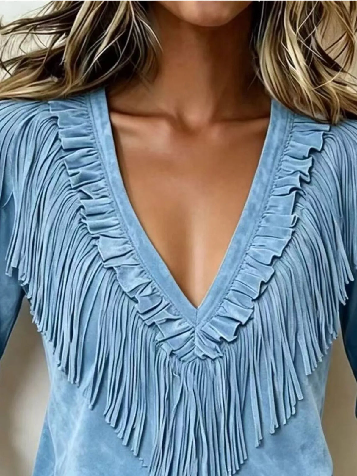 Fringed V-Neck Blouse - Light Blue - View 2