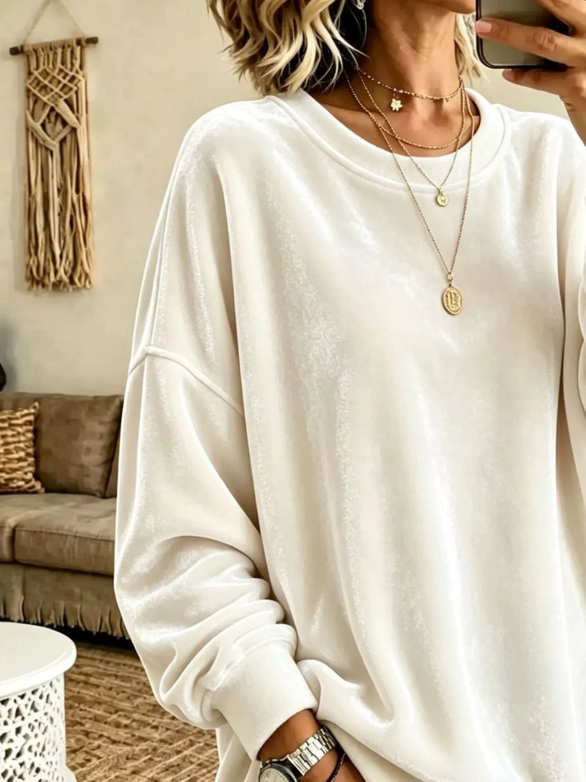 Full Size Solid Color Crew Neck Sweatshirt Plus Size - White - View 2