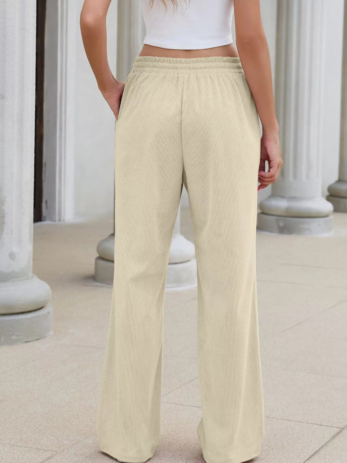 High-Waisted Drawstring Wide-Leg Casual Pants - Apricot Color - View 6