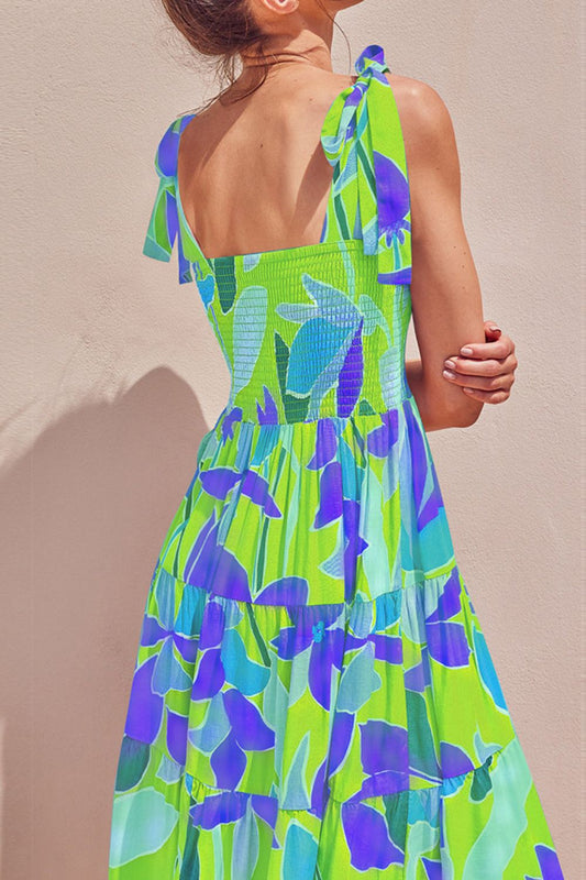 Floral Tie-Shoulder Smocked Midi Dress - Green - View 2